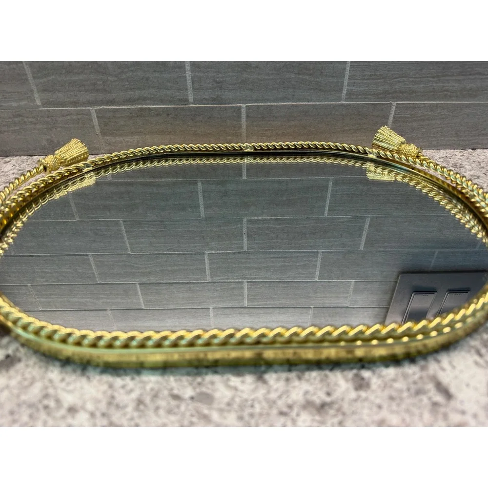 VTG Gold Mirror Vanity Tray Oval Hollywood Regency Tassel Rope Border 13.5 x 9